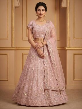 Pastel Pink Bridal Georgette Embroidered Net Lehenga Set